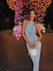 Halter 3D Flower Bodycon Maxi Dress