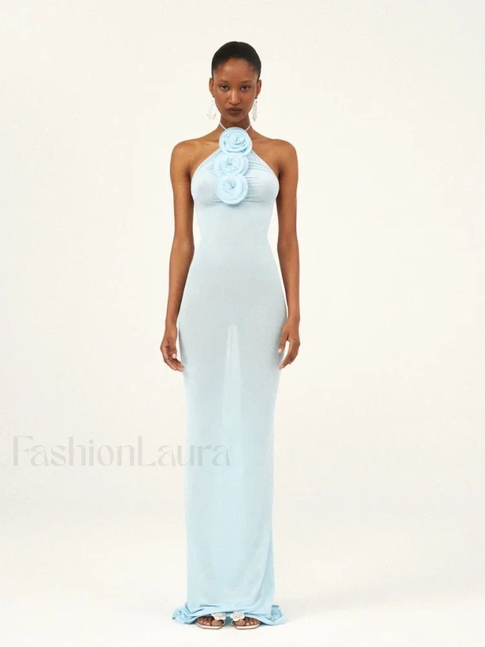 Halter 3D Flower Bodycon Maxi Dress Light Blue / S