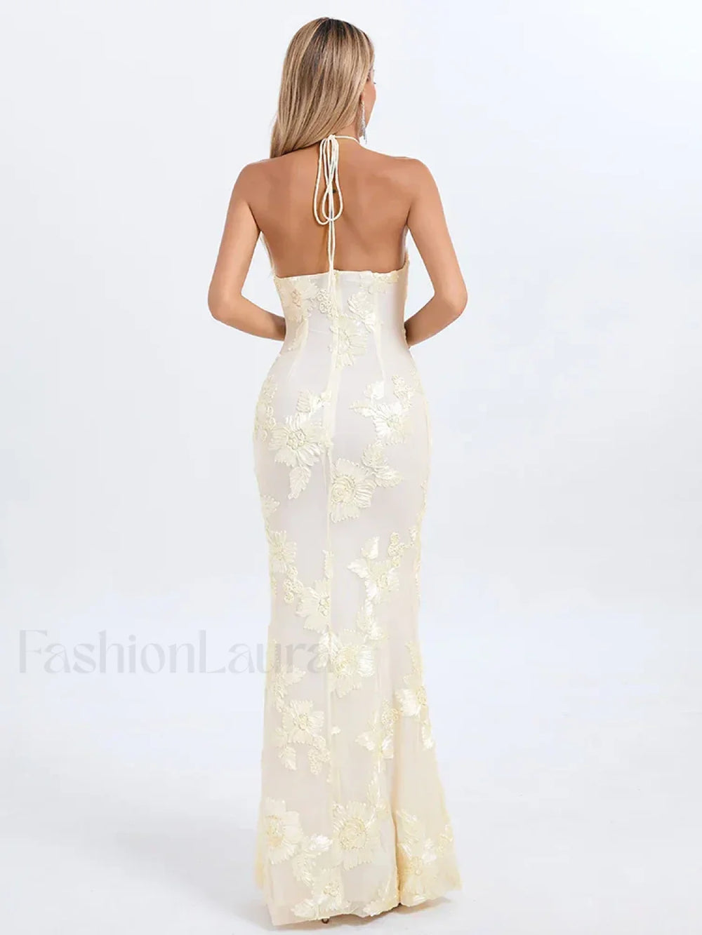 Halter 3D Flower Lace Maxi Dress