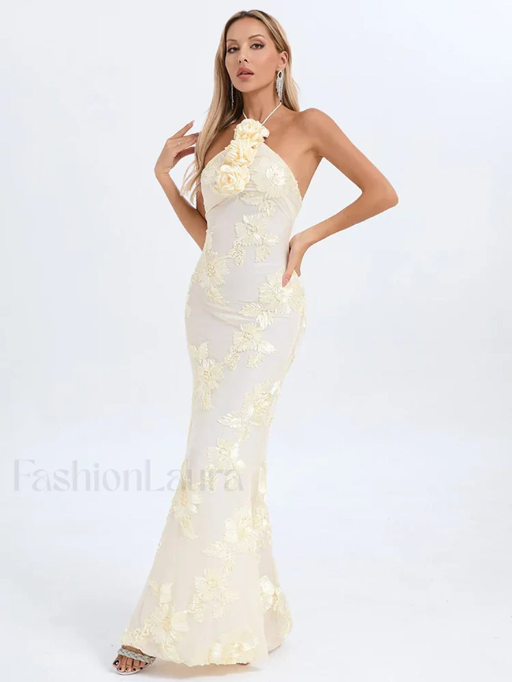 Halter 3D Flower Lace Maxi Dress