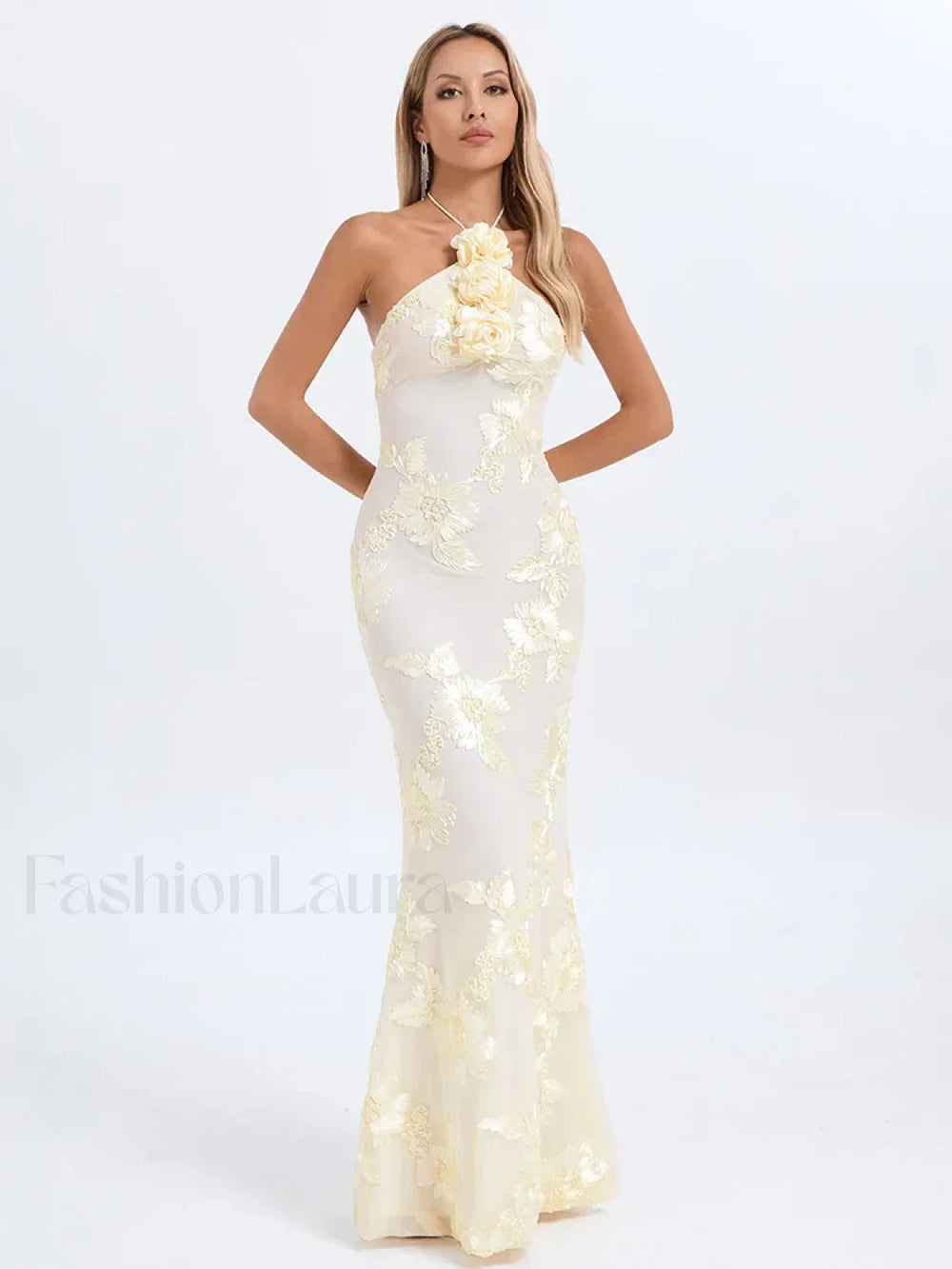 Halter 3D Flower Lace Maxi Dress