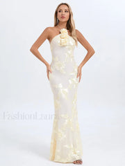Halter 3D Flower Lace Maxi Dress Beige / XS