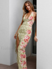 Halter Backless Split Floral Dress
