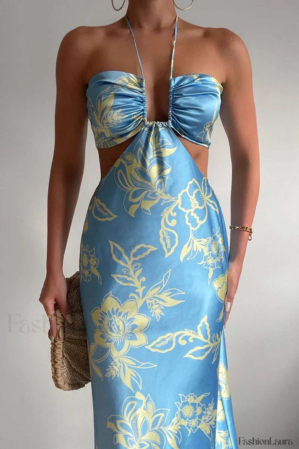 Halter Cut Out Tie Up Floral Dress blue / S