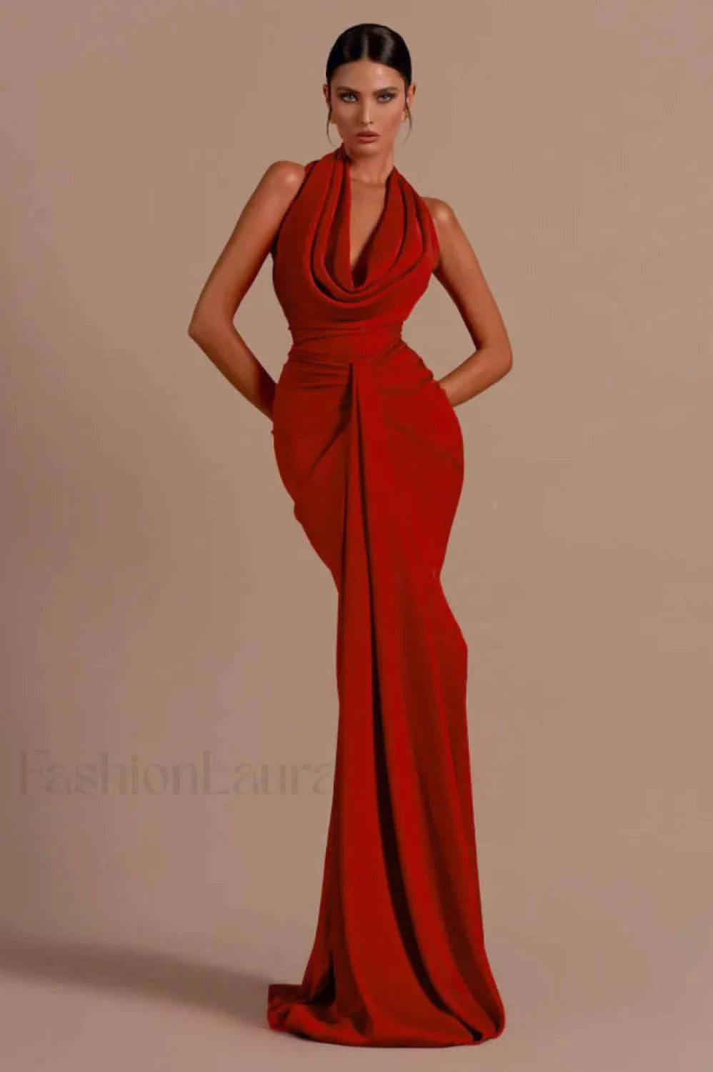 Halter Draped Stylish Mermaid Maxi Dress XS / Red