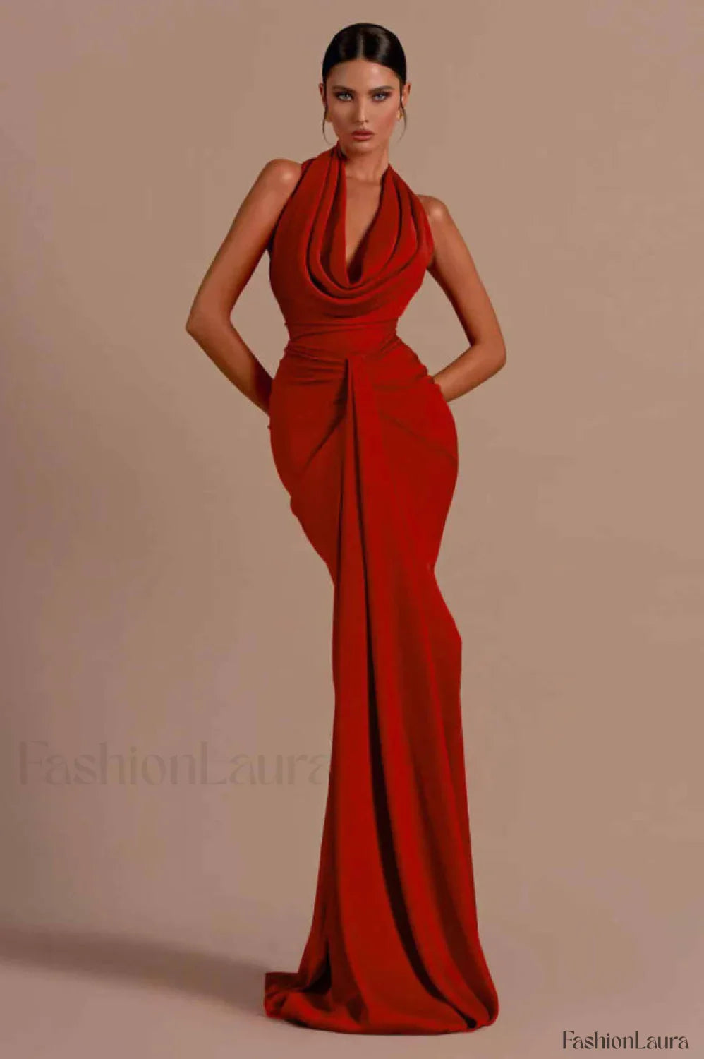 Halter Draped Stylish Mermaid Maxi Dress XS / Red