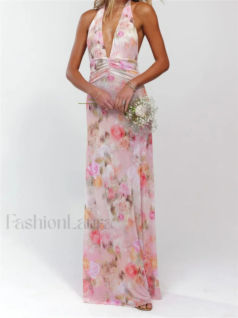 Halter Floral Dot Off Shoulder Maxi Dress