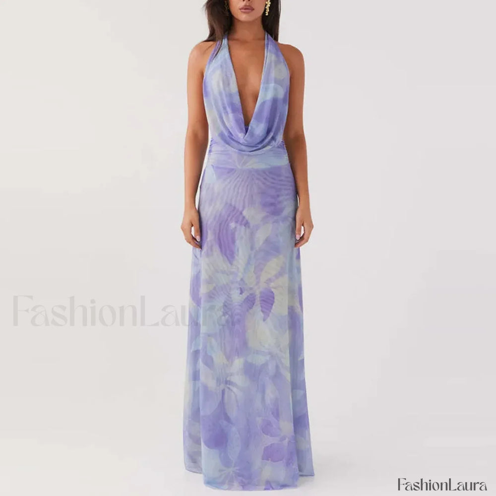 Halter High Waist Floral Dress 02 Purple / S