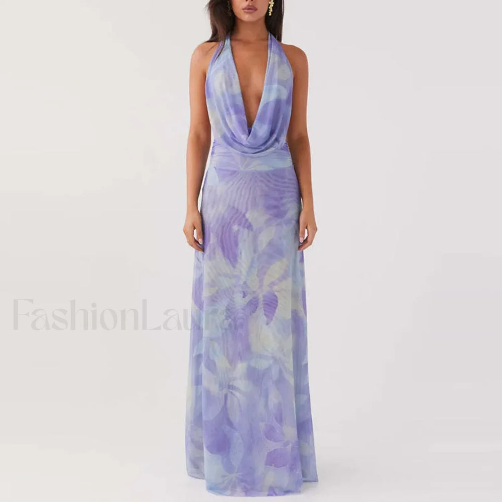 Halter High Waist Floral Dress 02 Purple / S