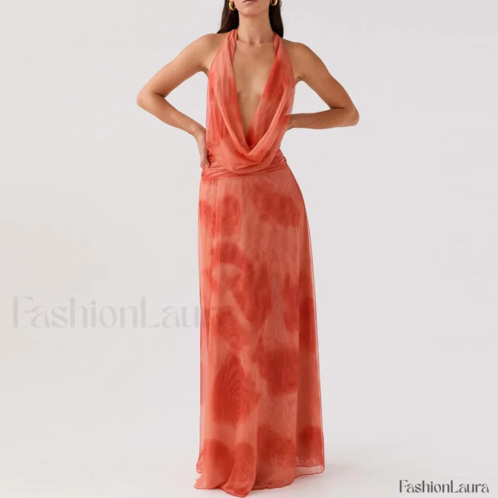 Halter High Waist Floral Dress 03 Print / S