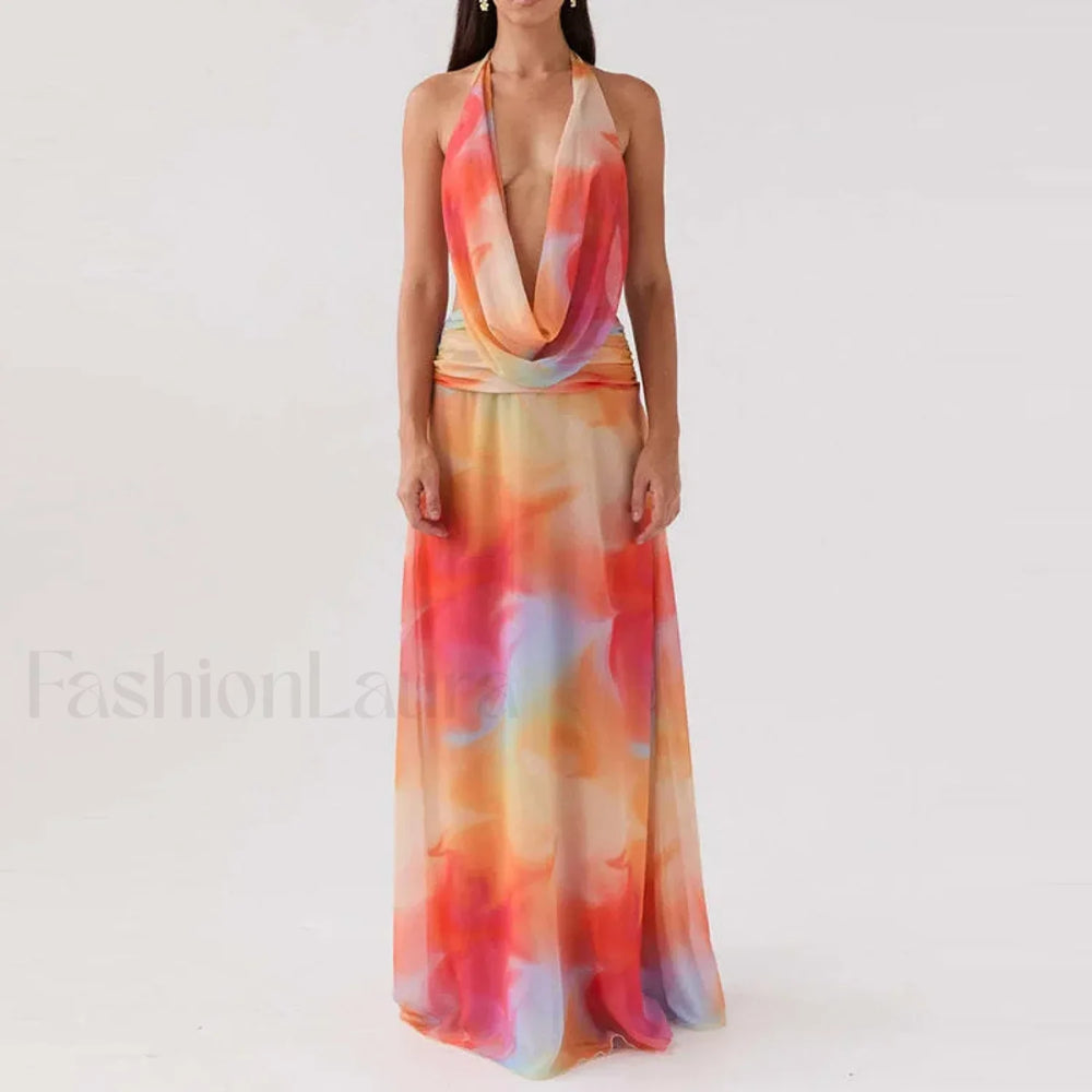 Halter High Waist Floral Dress 04 As Picture / S