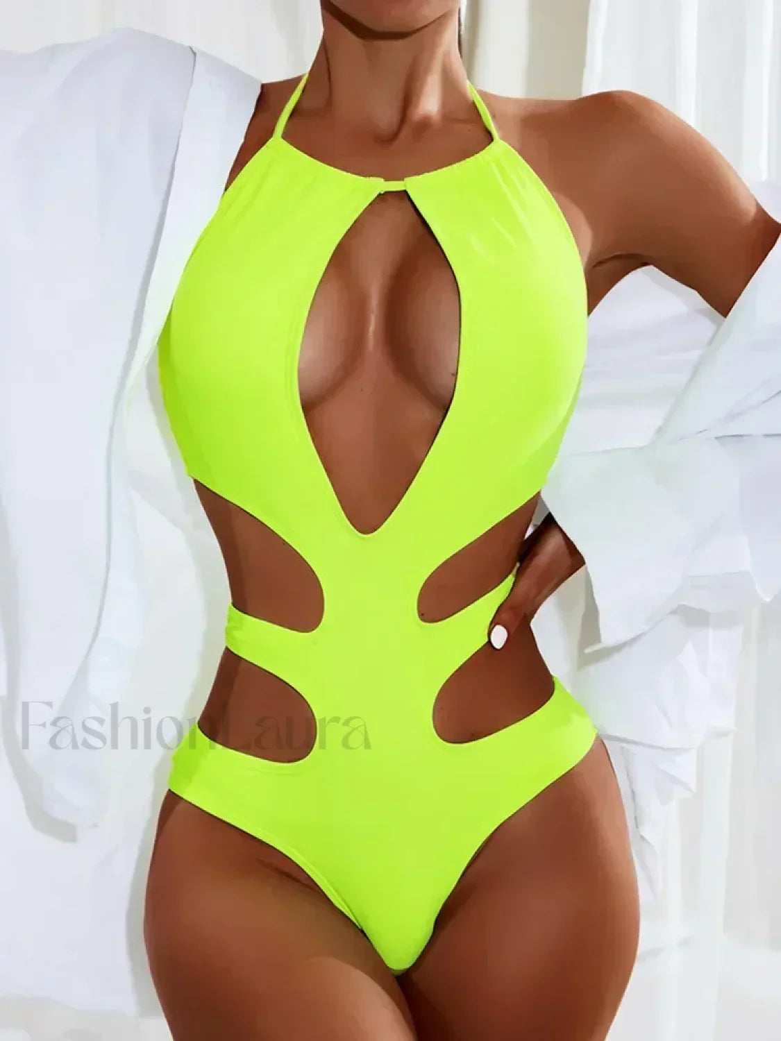 Halter Hollow Monokini Cut Out One Piece 5NeonGreen / S