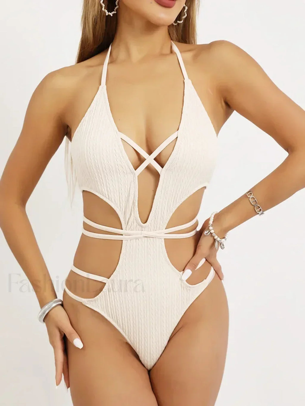 Halter Hollow Out Lace Up One Piece