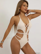 Halter Hollow Out Lace Up One Piece APRICOT / S