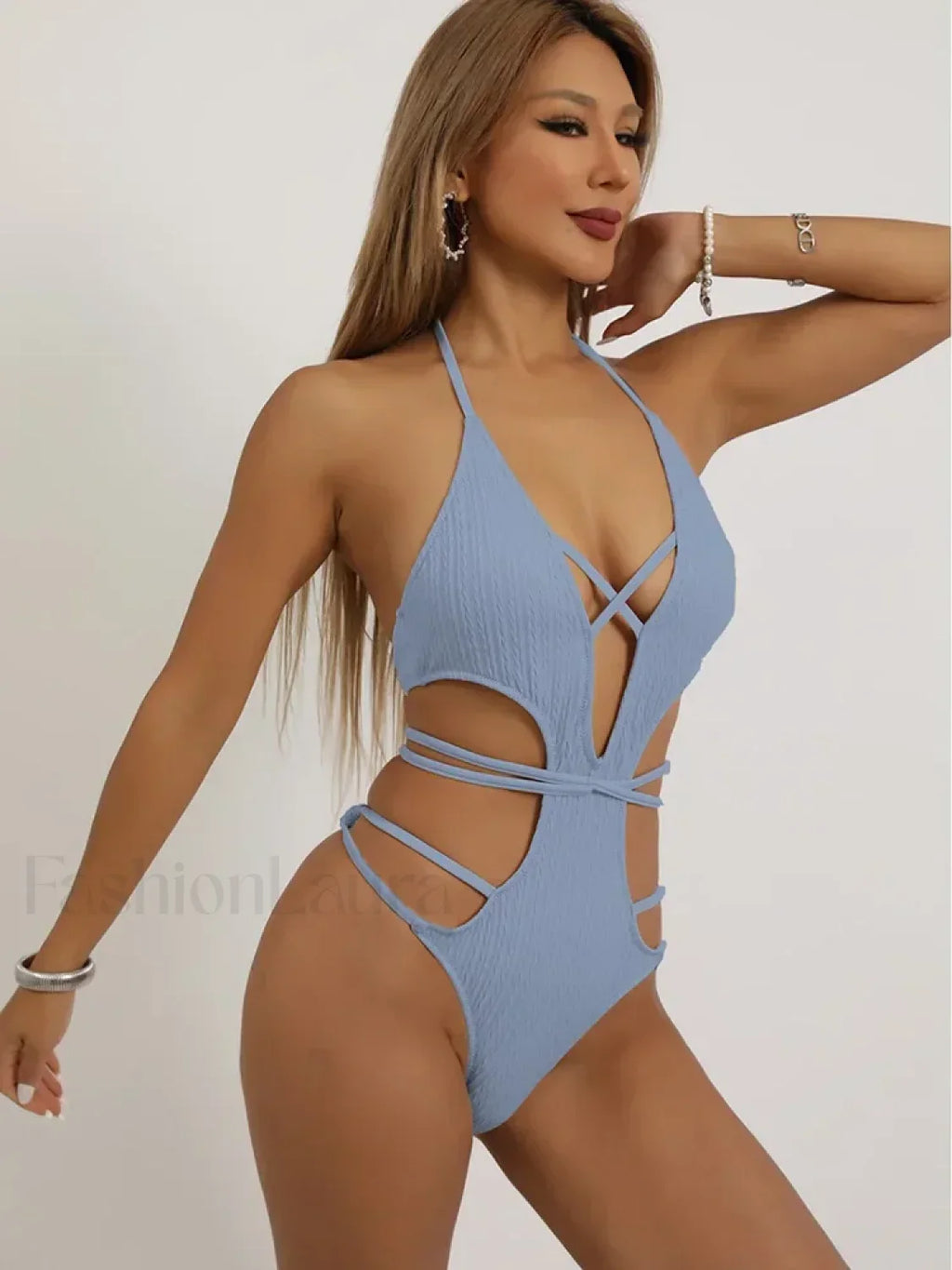 Halter Hollow Out Lace Up One Piece ROYAL BLUE / S