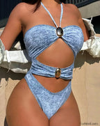 Halter Hollow Push Up Backless One Piece Blue / S