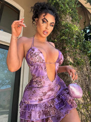 Halter Lace Up Mini Floral Dress PURPLE / S