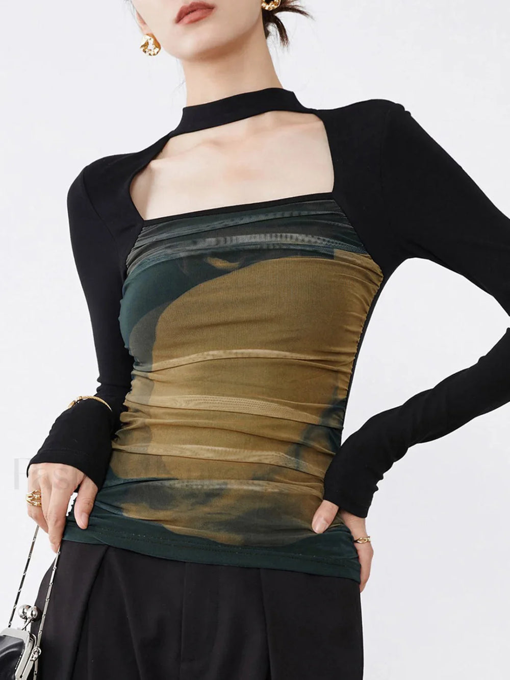 Halter Mesh Graceful Long Sleeve Shirt Black / XS T Shirts