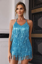 Halter Neck Stylish Backless Fringe Dress XS / Blue