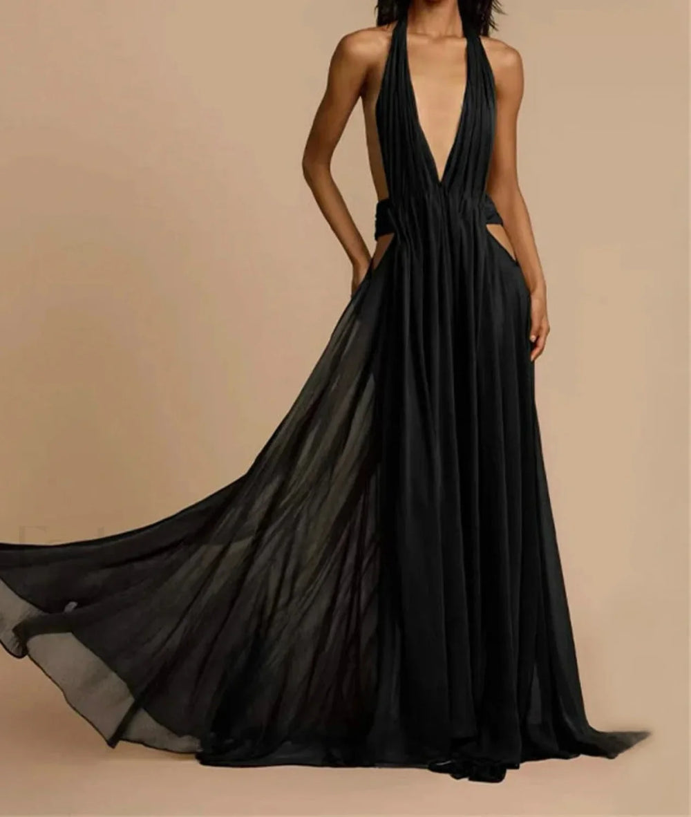 Halter Pleated Cut Out Maxi Dress Black / S