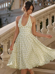 Halter Ruched Midi Floral Dress Light Yellow / S