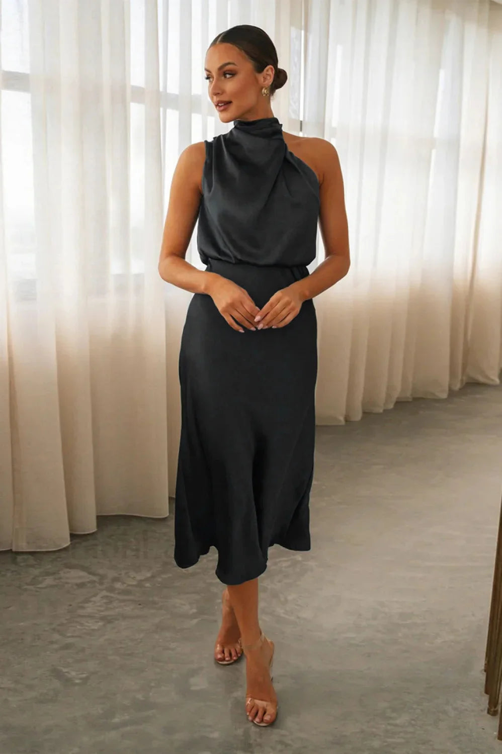 Halter Sleeveless Stylish Satin Bridesmaid Dress S / Black