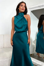 Halter Sleeveless Stylish Satin Bridesmaid Dress