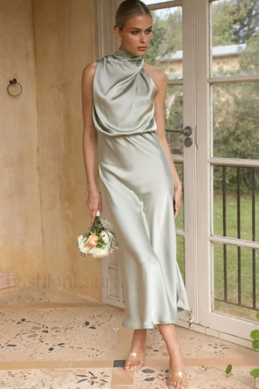 Halter Sleeveless Stylish Satin Bridesmaid Dress