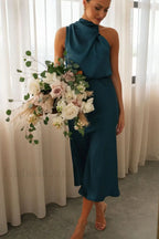 Halter Sleeveless Stylish Satin Bridesmaid Dress