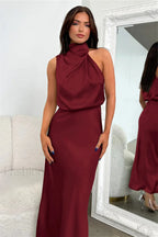 Halter Sleeveless Stylish Satin Bridesmaid Dress