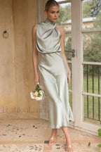 Halter Sleeveless Stylish Satin Bridesmaid Dress