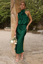 Halter Sleeveless Stylish Satin Bridesmaid Dress S / Emerald Green
