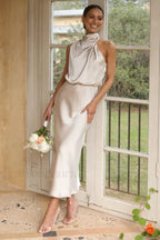 Halter Sleeveless Stylish Satin Bridesmaid Dress S / Apricot