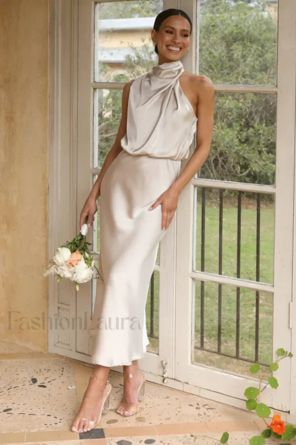 Halter Sleeveless Stylish Satin Bridesmaid Dress S / Apricot