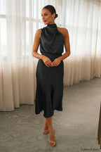 Halter Sleeveless Stylish Satin Bridesmaid Dress S / Black