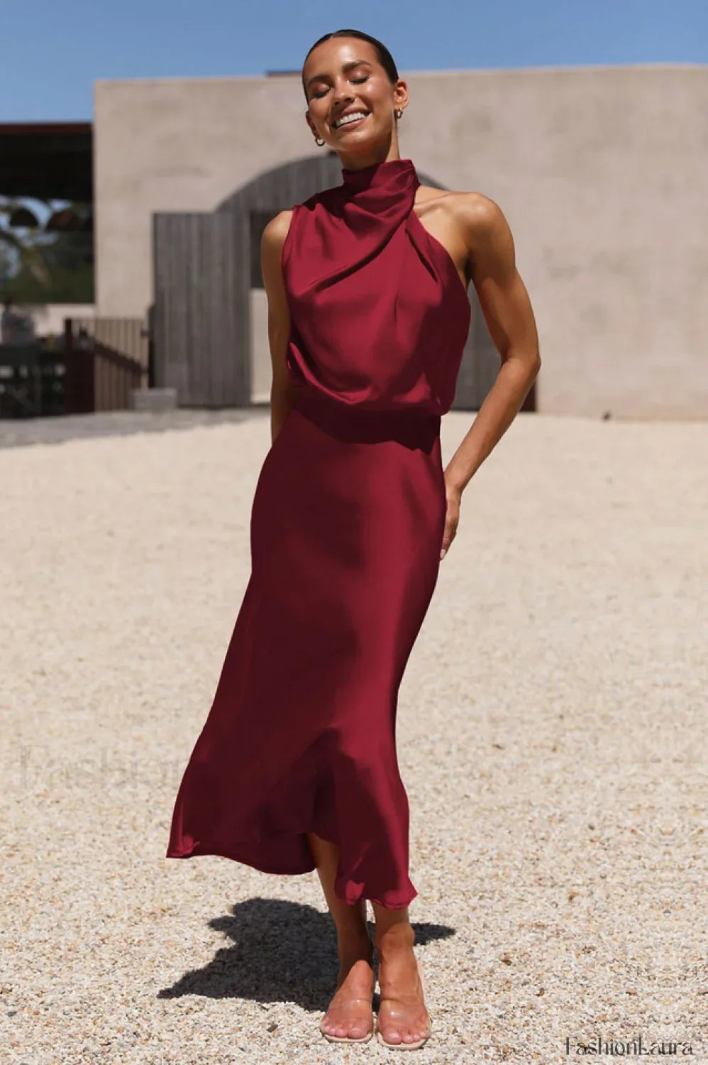 Halter Sleeveless Stylish Satin Bridesmaid Dress S / Burgundy