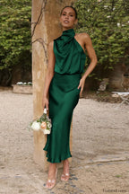 Halter Sleeveless Stylish Satin Bridesmaid Dress S / Emerald Green