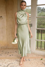 Halter Sleeveless Stylish Satin Bridesmaid Dress S / Soft Khaki