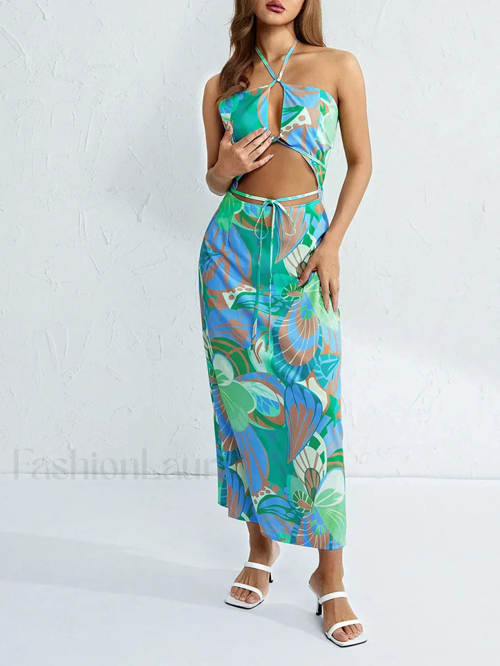 Halterneck Floral Slit Maxi Dress