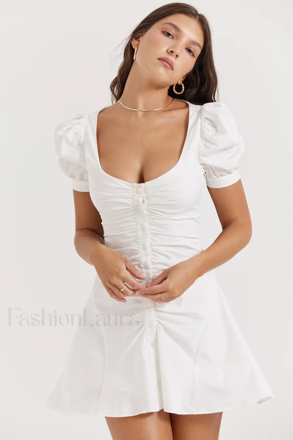 Hameda White Puff Charming Sleeve Mini Dress