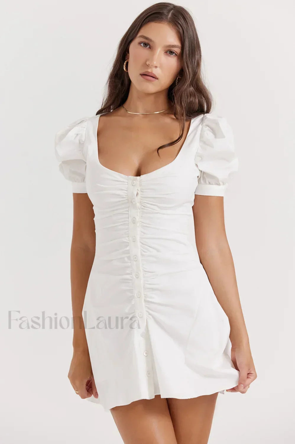 Hameda White Puff Charming Sleeve Mini Dress XS / White