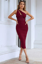 Hanma One Shoulder Charming Pencil Midi Dress S / Wine