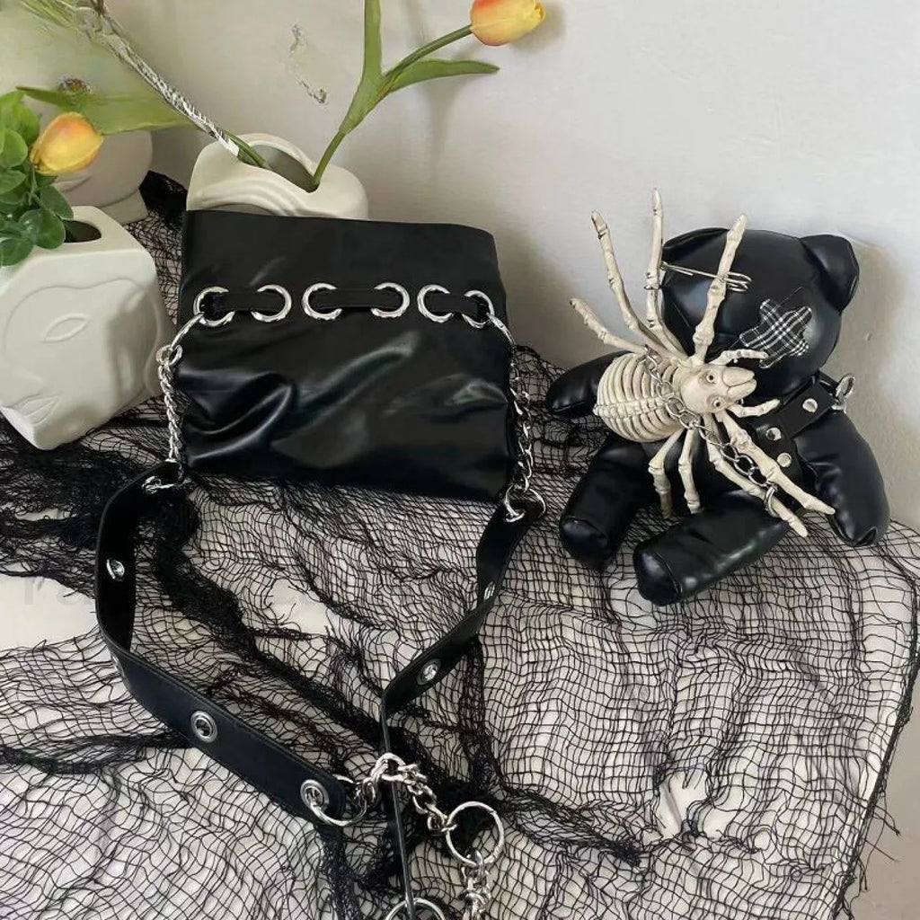 Harajuku Leather Punk Y2K Spider Bone Little Bear Pin Gothic Lolita Crossbody Black / one size