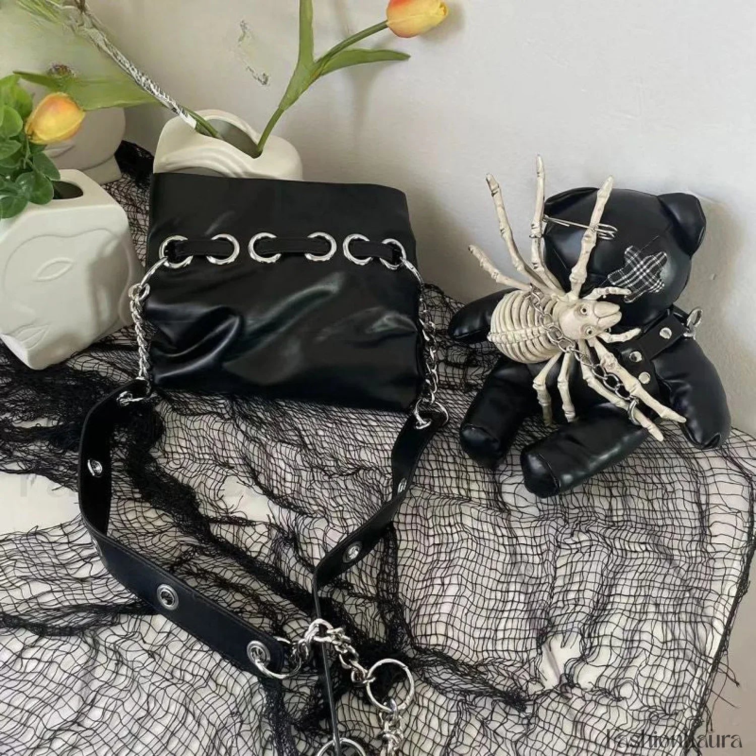 Harajuku Leather Punk Y2K Spider Bone Little Bear Pin Gothic Lolita Crossbody Black / one size