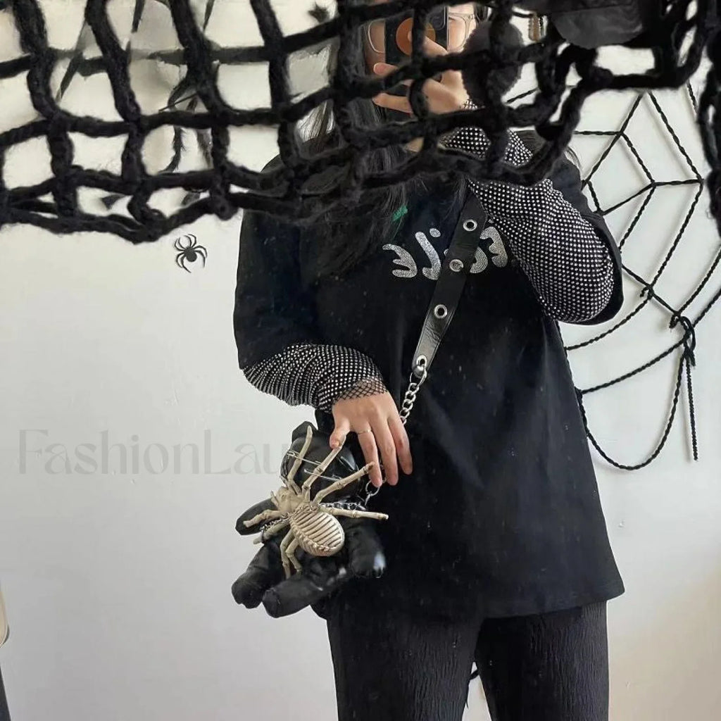Harajuku Leather Punk Y2K Spider Bone Little Bear Pin Gothic Lolita Crossbody Black / one size