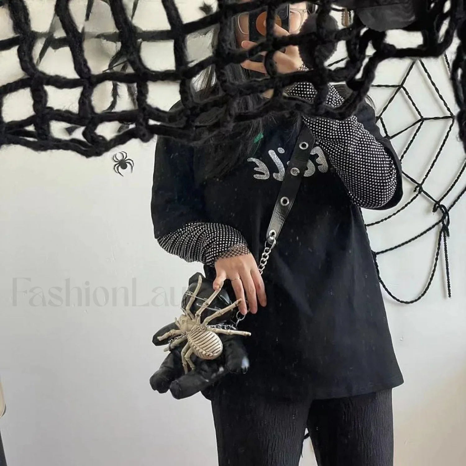 Harajuku Leather Punk Y2K Spider Bone Little Bear Pin Gothic Lolita Crossbody Black / one size