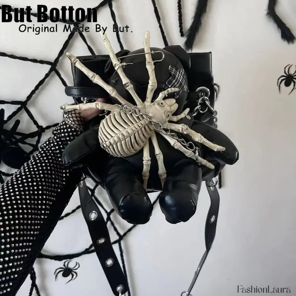 Harajuku Leather Punk Y2K Spider Bone Little Bear Pin Gothic Lolita Crossbody Black / one size