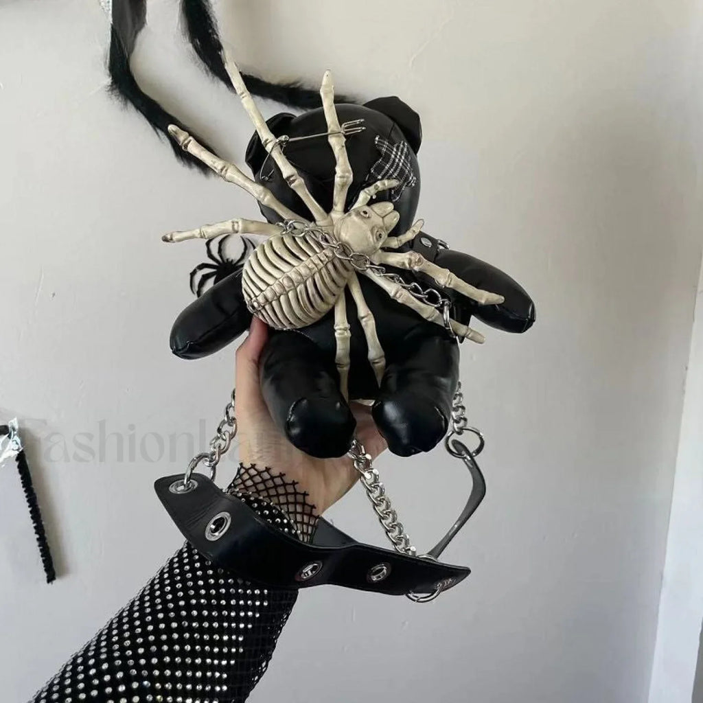 Harajuku Leather Punk Y2K Spider Bone Little Bear Pin Gothic Lolita Crossbody Black / one size