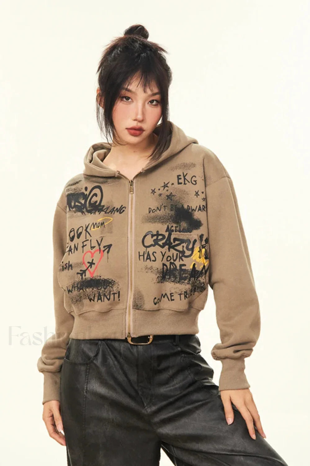 Harajuku Vintage Cropped Print Hooded Hoodie