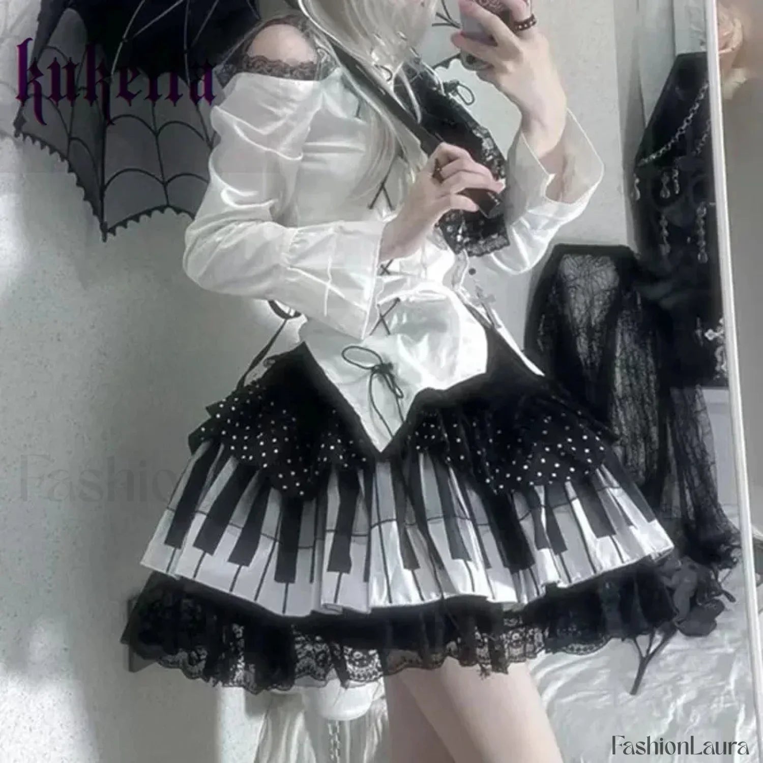 Harajuku Y2K Piano Key Dot Lace Gothic Lolita Fairy Skirt waist 60 80cm